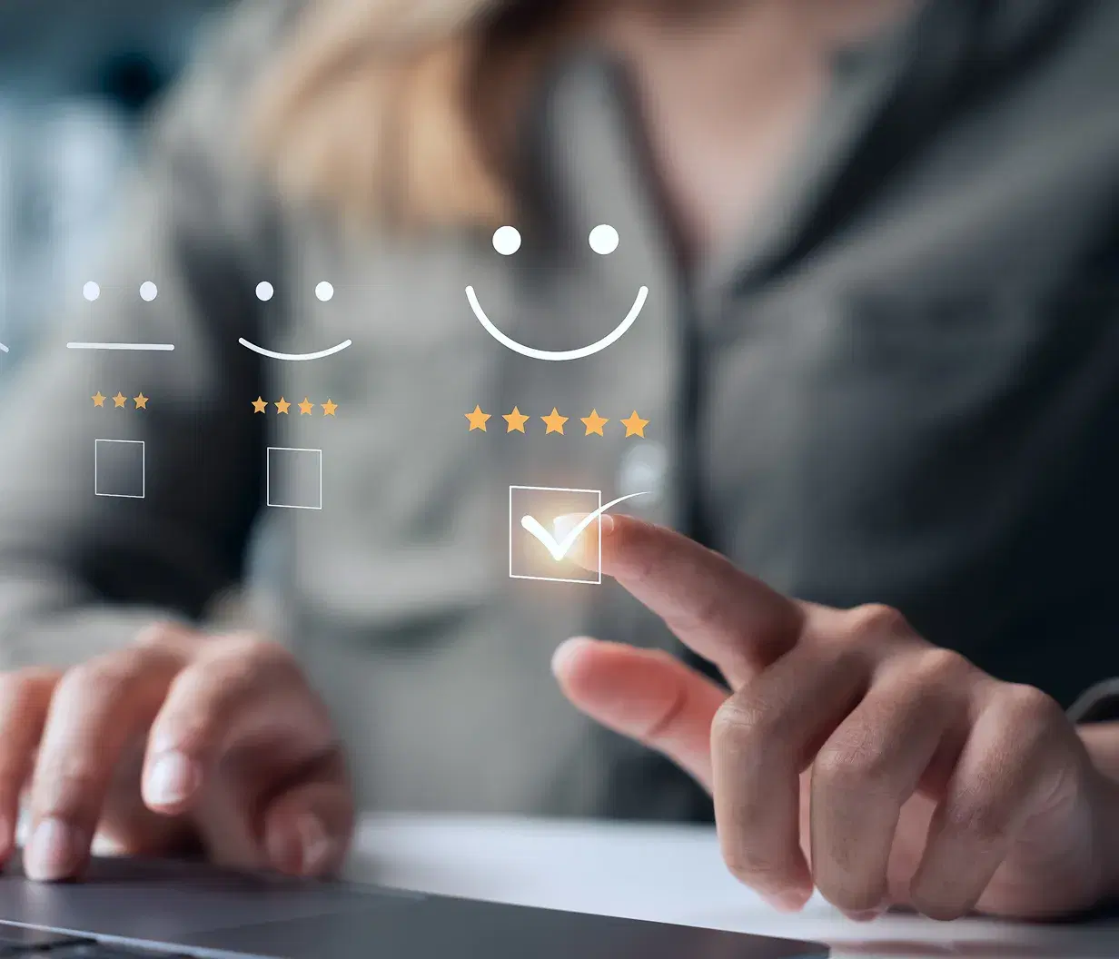 Hand selecting a five-star satisfaction rating on a checklist